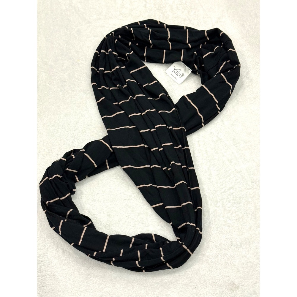 Yala Women Black Tan Striped Infinity Scarf Bamboo Viscose Spandex Jersey Knit